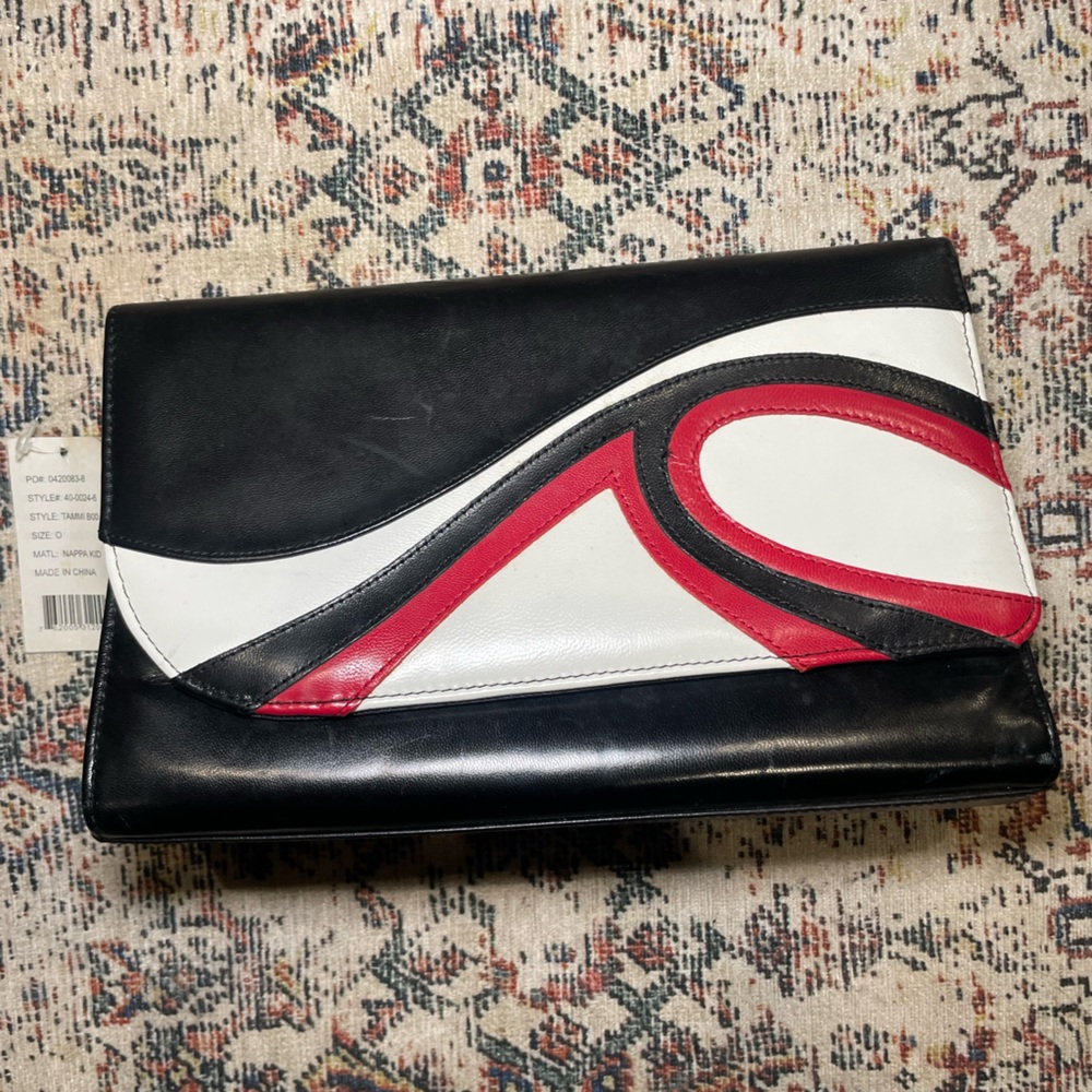 COPY - Vtg Bellini Prom Clutch Purse Convertible Leather Red Black Stitch Desig…